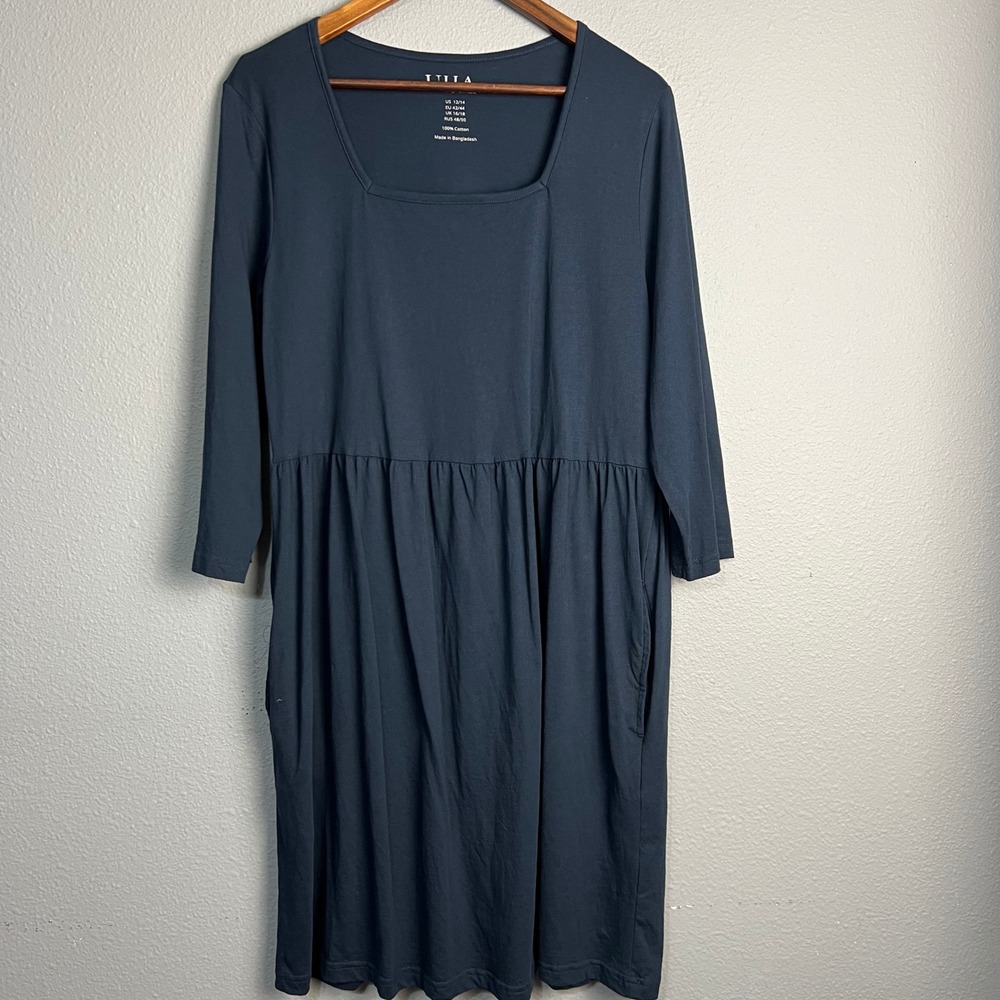 Ulla Popken Empire A Line Cotton Dress Square Neck 3/4 SL‎ Pockets Blue US 12/14